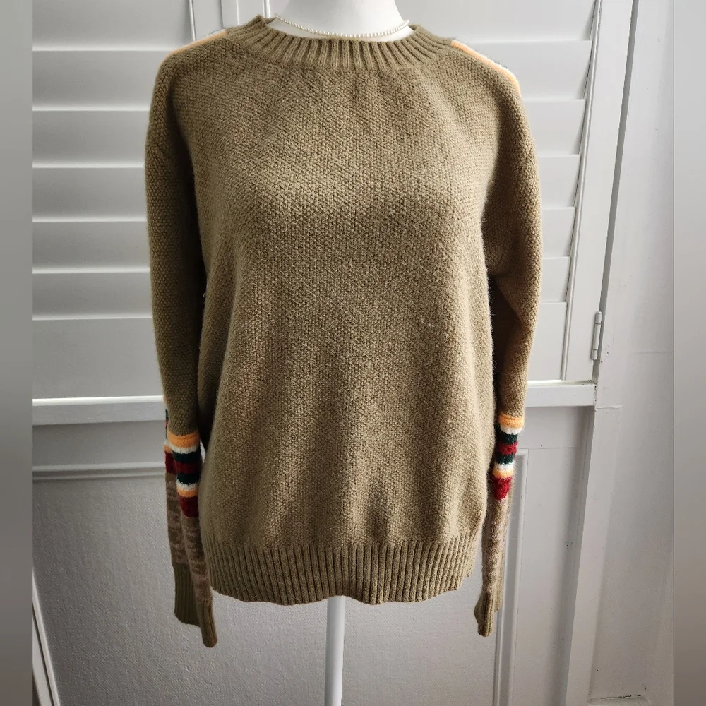 BiBi Women's Olive Brown Sweater with Colorful Sleeve Stripes And Animal Print S